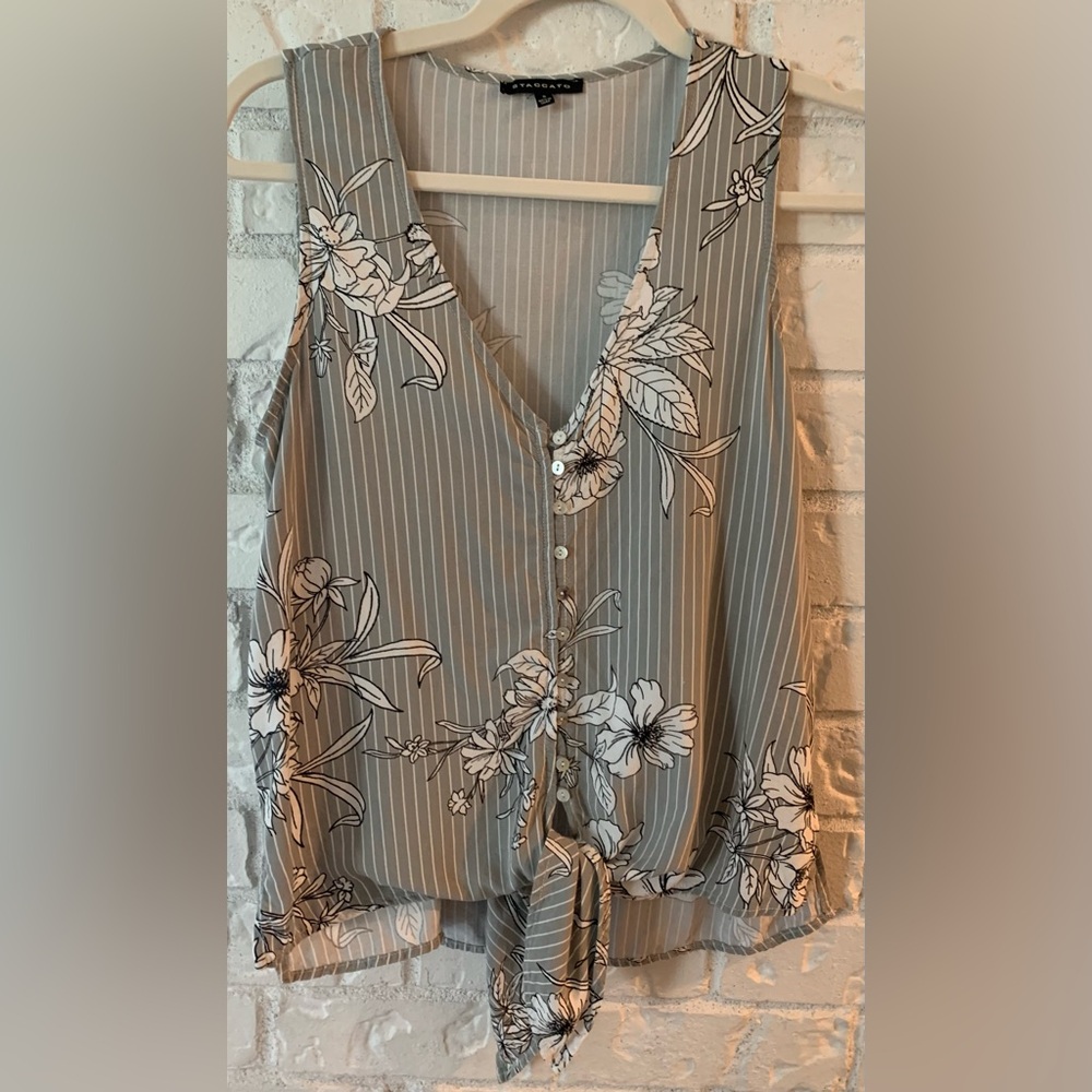 Staccato grey&white vertical stripe and floral design tie up sleeveless top SZ S